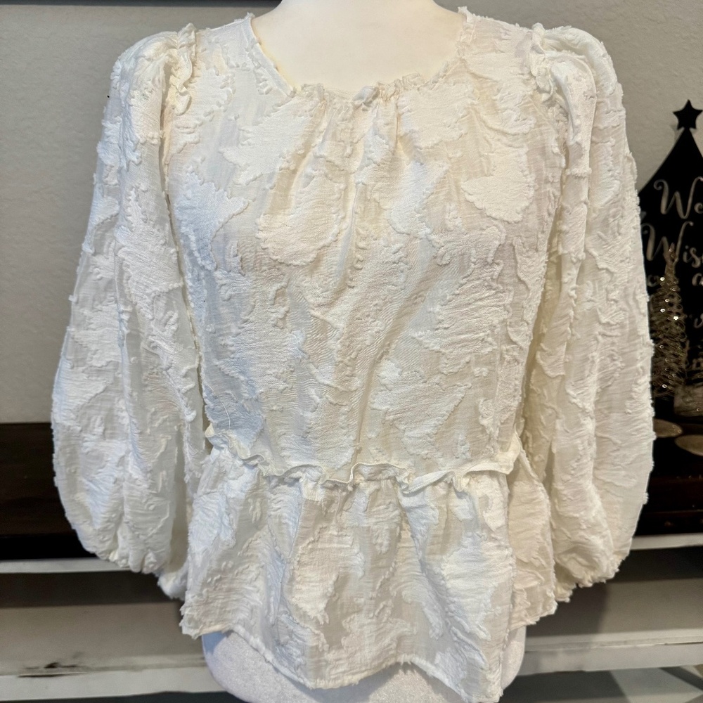 Free People Callie‎ Puff Sleeve Appliqué Top Open Tie Back Women's Size M N